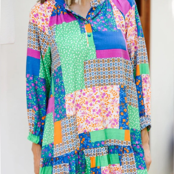 Fate Womens All In Good Time Green Patchwork Mini Dress Sz Small Floral Popover - Picture 2 of 14